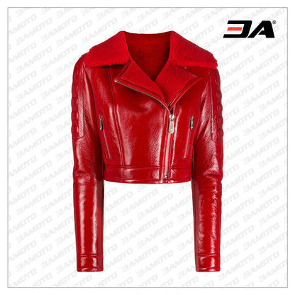 Red Shearling Fur Leather Padded Biker Jacket
