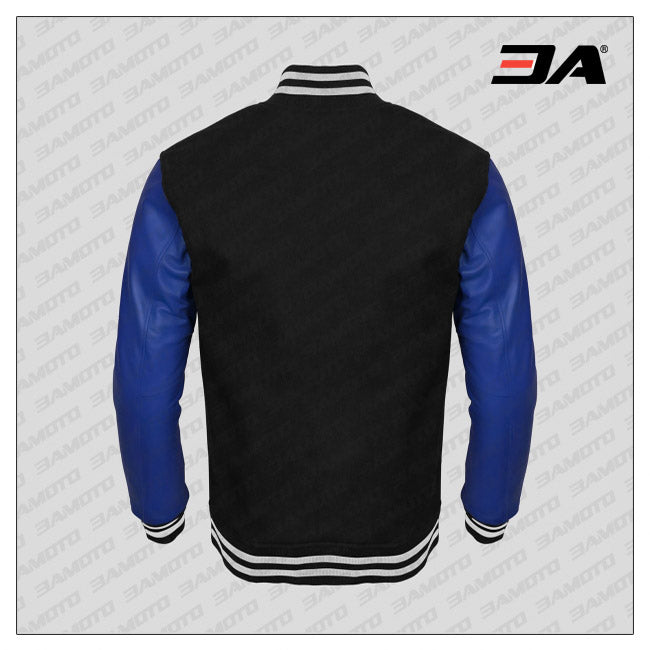 Blue Faux Leather Sleeves Black Wool Letterman Jacket