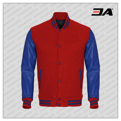 Blue Faux Leather Sleeves Red Wool Varsity Jacket
