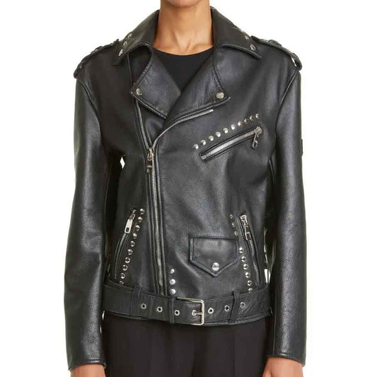 Studded Leather Moto Jacket Women