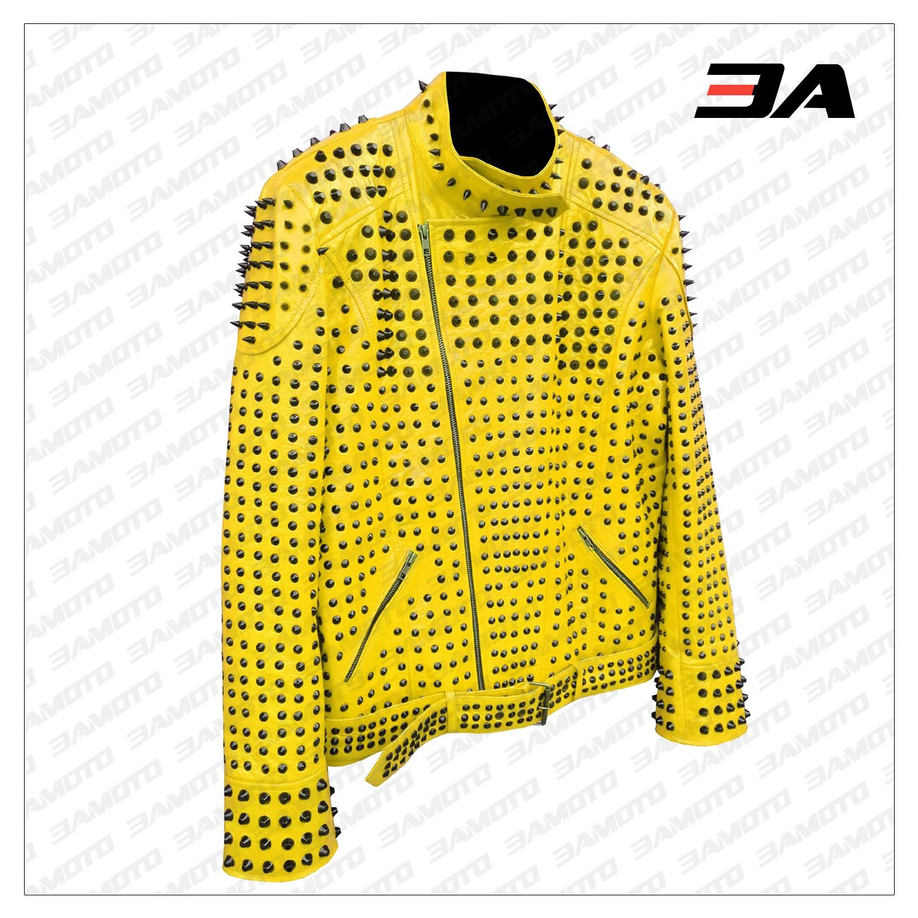 Studded Punk Leather Yellow Vintage Jacket - 3A MOTO LEATHER