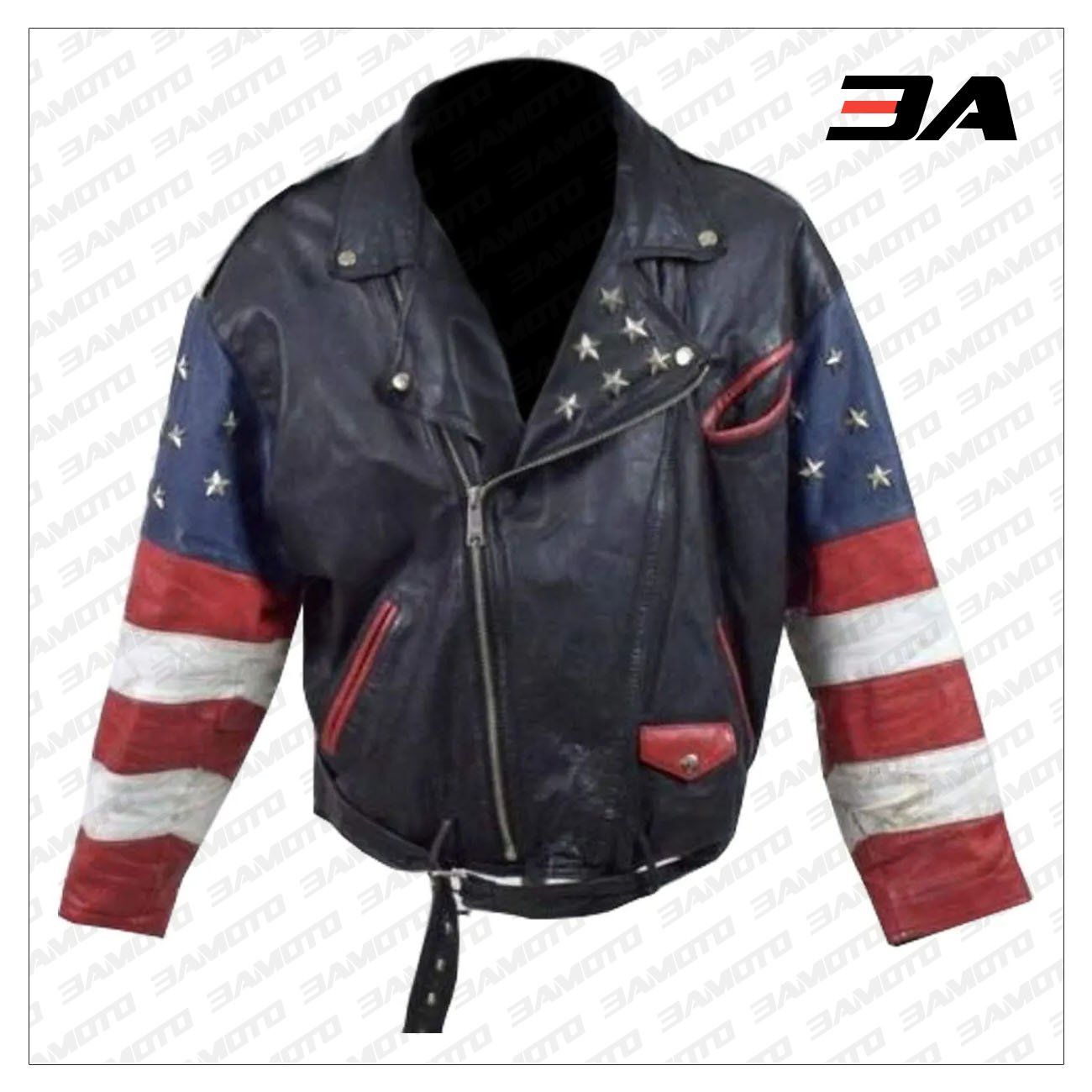 Vintage 80s USA Flag Studded Bomber Leather Jacket | 3amoto