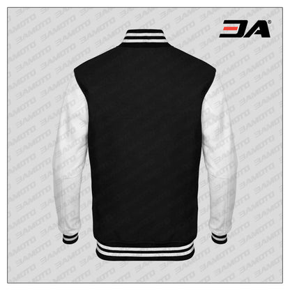 White Faux Leather Sleeves Black Wool Varsity Jacket