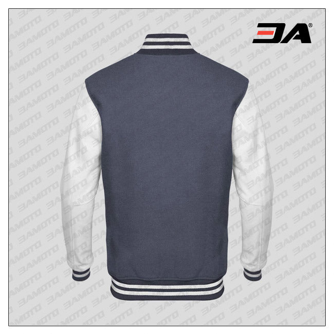 White Faux Leather Sleeves Gray Wool Varsity Jacket