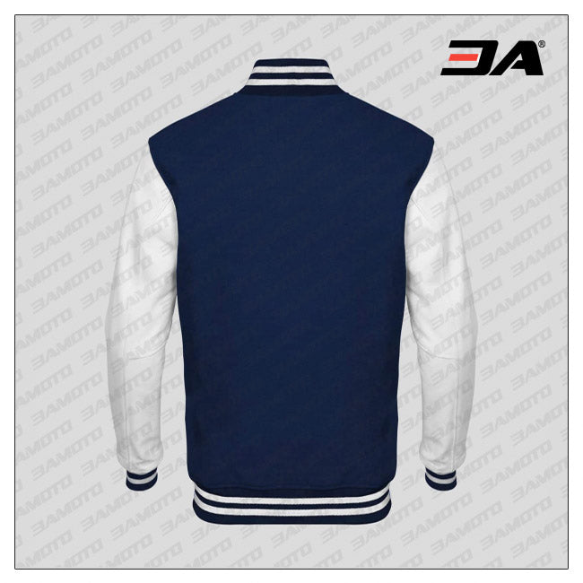 White Faux Leather Sleeves Navy Blue Wool Varsity Jacket