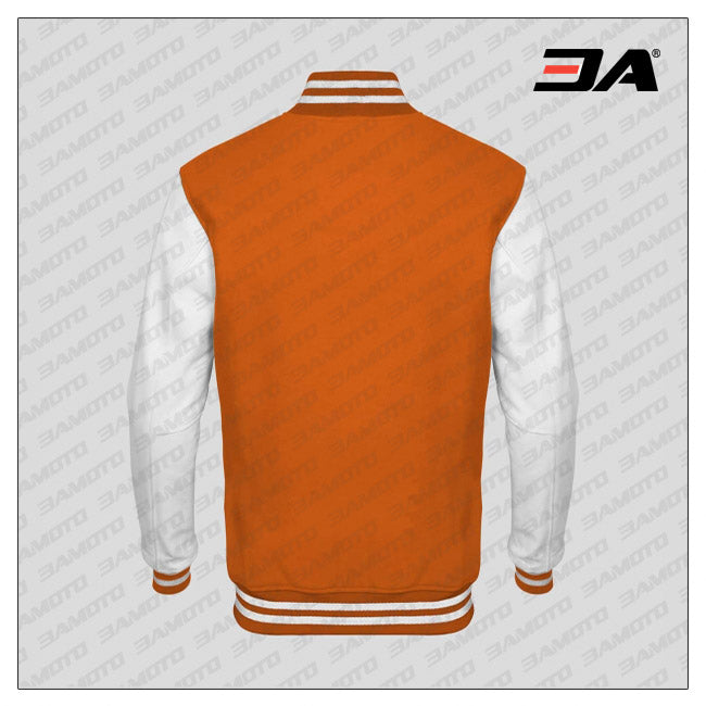 White Faux Leather Sleeves Orange Wool Varsity Jacket