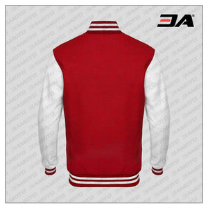 White Faux Leather Sleeves Red Wool Varsity Jacket