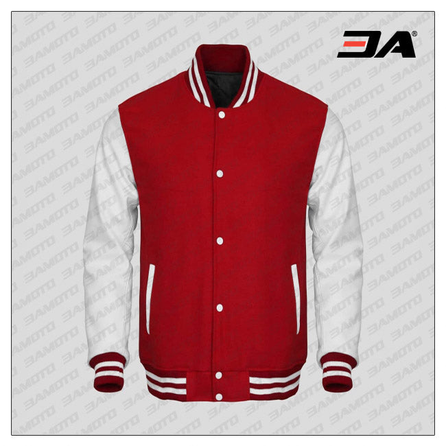 White Faux Leather Sleeves Red Wool Varsity Jacket - Main Image