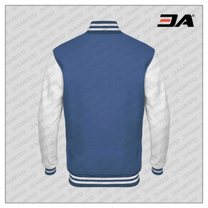 White Faux Leather Sleeves Sky Blue Wool Varsity Jacket