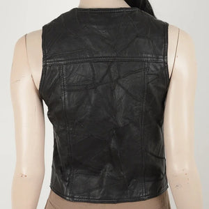Vintage 90s Women Black Real Leather Vest
