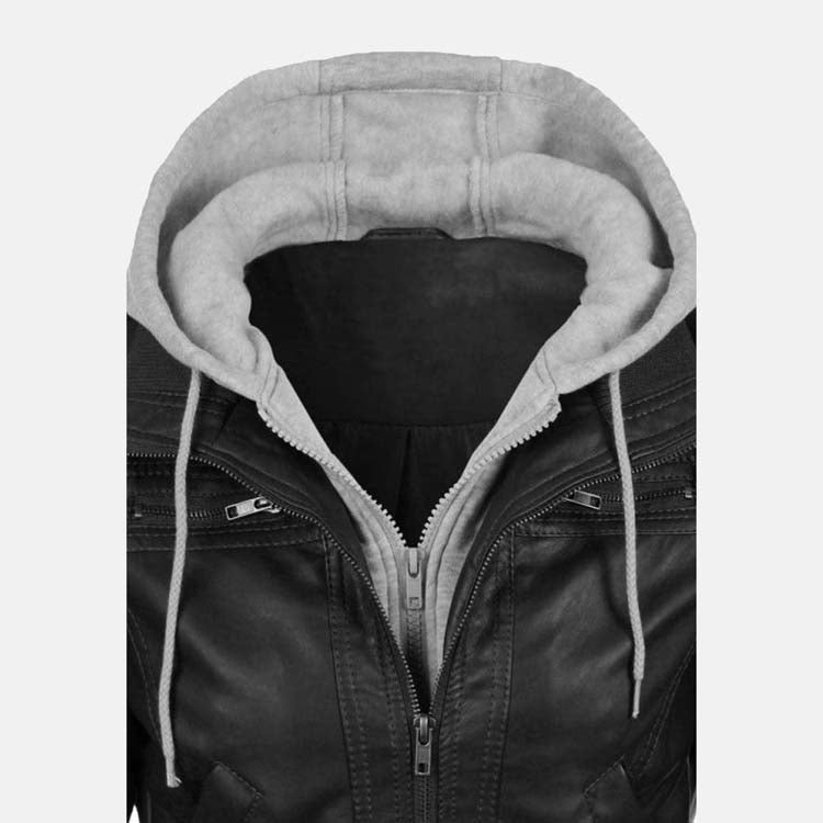 womens black leather removable gray hooded bomber jacket zoom
