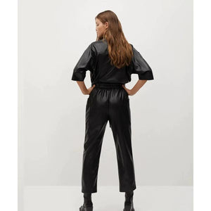 Women's Black One Piece Real Leather Dress Jumpsuit