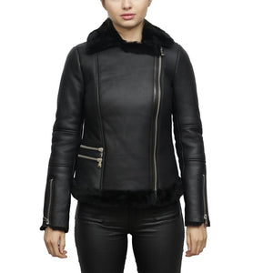 womens black sheepskin aviator pilot leather jacket