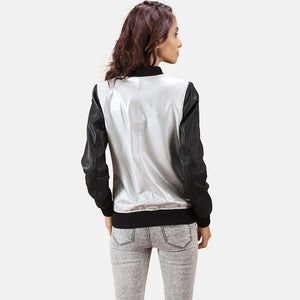 womens black white leather bomber jacket back