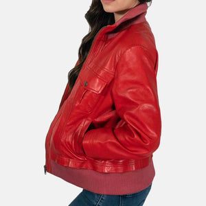 Womens Leather Bomber Jacket Red