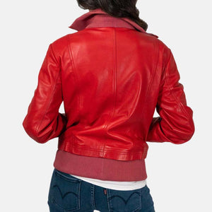 Women’s Red Leather Bomber Jacket Back