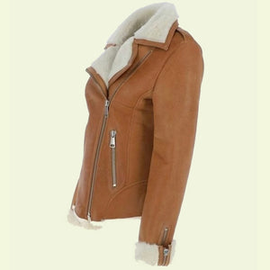 womens brown leather white shearling jacket