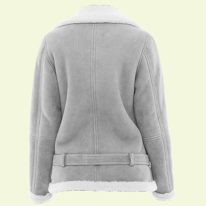womens grey biker white shearling leather jacket