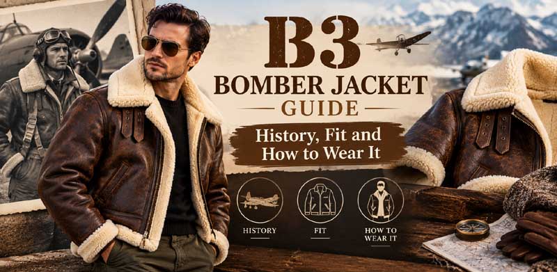 B3 bomber jacket guide featuring a man wearing a brown shearling aviator jacket, with vintage aviation imagery and details about the jacket’s history, fit, and styling.