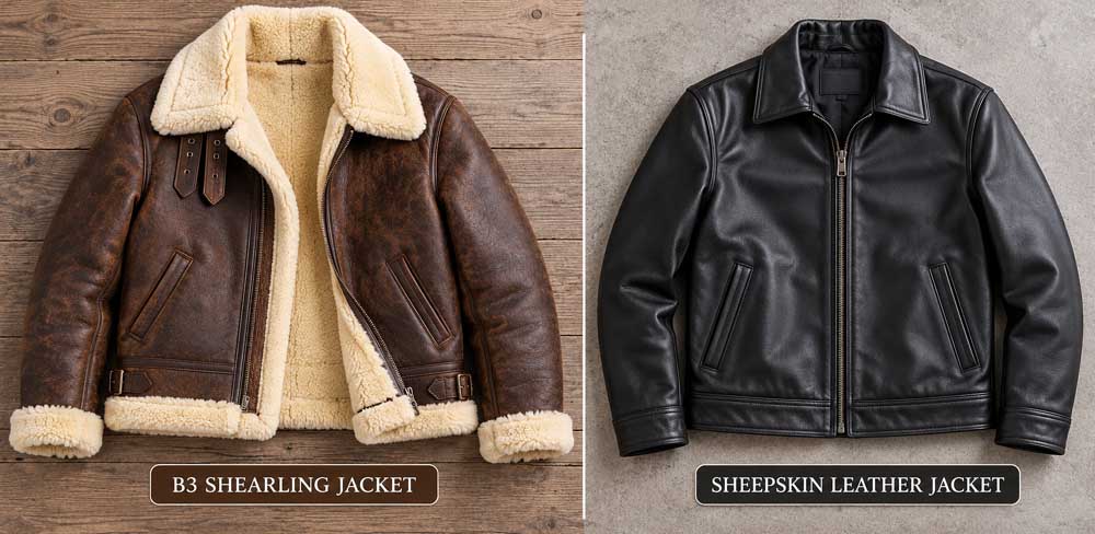 Brown shearling bomber jacket with cream wool lining beside a smooth black sheepskin leather jacket