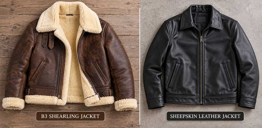 Brown shearling bomber jacket with cream wool lining beside a smooth black sheepskin leather jacket