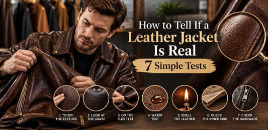 A man examining a brown leather jacket to check its authenticity, featuring seven simple tests to identify real leather, including texture, grain, flexibility, water absorption, smell, inner lining, and hardware.