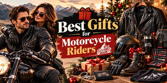 Best gifts for motorcycle riders featuring a leather motorcycle jacket, riding helmet, protective gloves, boots, tool kit, and gift-wrapped accessories, with a biker couple and festive Christmas decorations in the background.