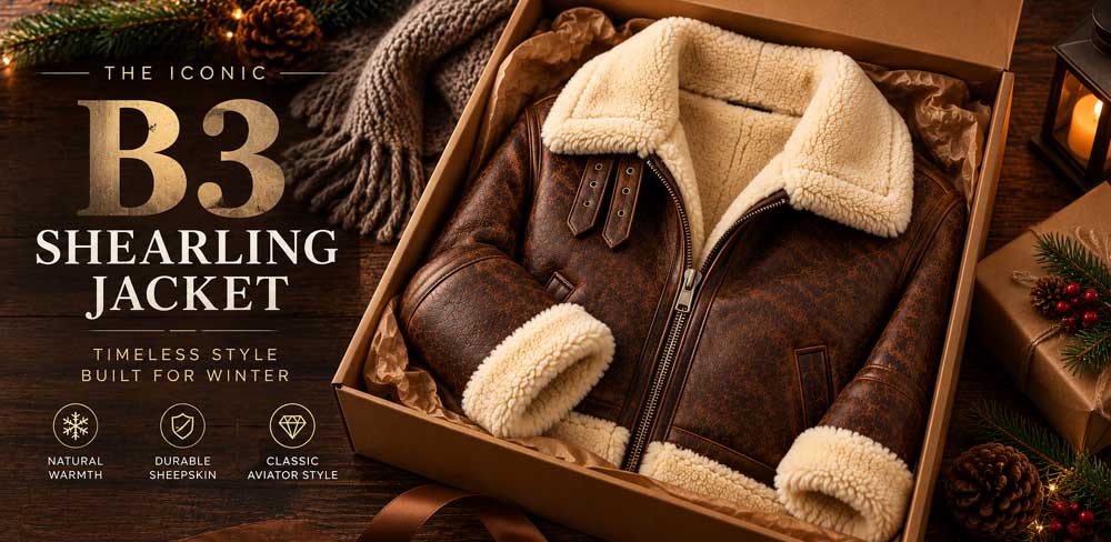 Brown shearling leather jacket folded in an open gift box with a knit scarf and pine sprig