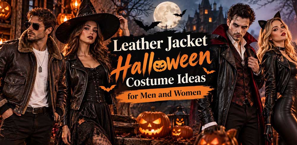 Leather jacket Halloween costume ideas for men and women featuring four models in biker, aviator, witch, and vampire-inspired outfits against a spooky Halloween backdrop with pumpkins, bats, and a full moon.