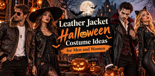 Leather jacket Halloween costume ideas for men and women featuring four models in biker, aviator, witch, and vampire-inspired outfits against a spooky Halloween backdrop with pumpkins, bats, and a full moon.