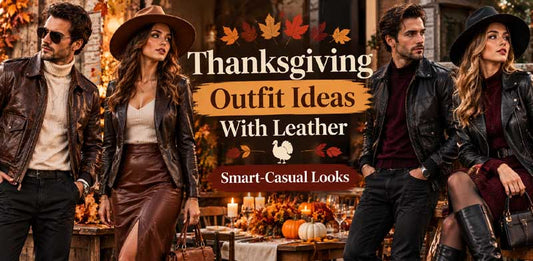 Thanksgiving outfit ideas with leather featuring men and women in smart-casual brown and black leather jackets, leather skirts, cozy knitwear, and boots against a warm autumn backdrop with pumpkins and fall foliage.