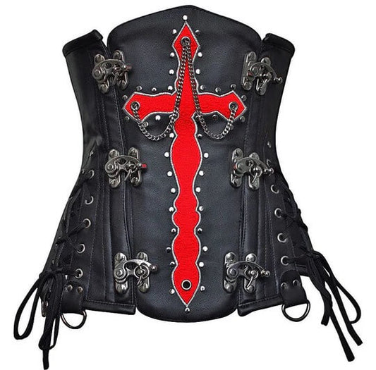 3amoto Blood Crossed Black Faux Leather Underbust Corset lc1001 - Fashion Leather Jackets USA - 3AMOTO