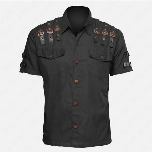 Airship Officer Steampunk Short Sleeve Men Shirt Black - 3amoto shop