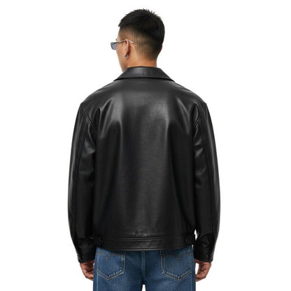 Back view of Mens Black Genuine Lambskin Leather Oversized Trucker Jacket