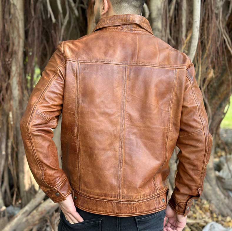 Back view of Mens Brown Lambskin Leather Biker Shirt Jacket in brown