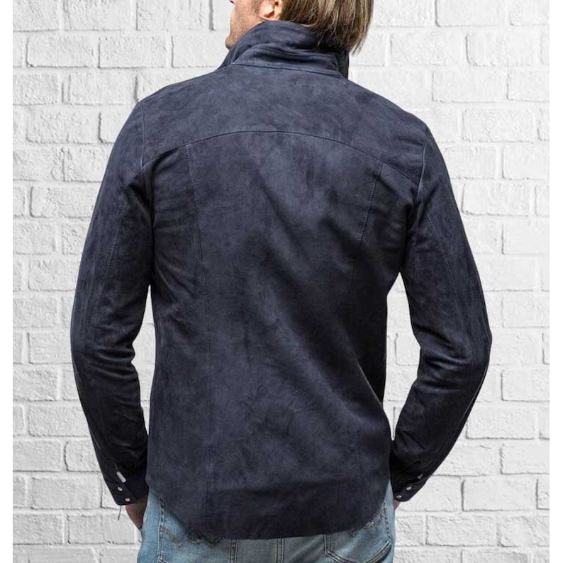 Back view of Mens Navy Blue Genuine Suede Leather Biker Shirt Jacket