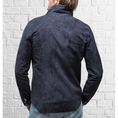 Back view of Mens Navy Blue Genuine Suede Leather Biker Shirt Jacket