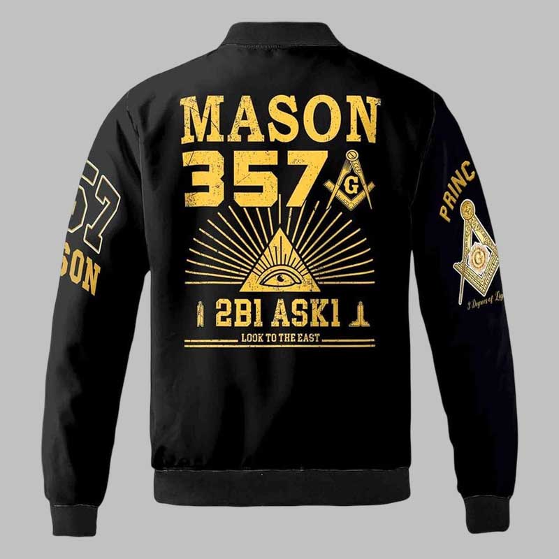 black and gold Freemason varsity bomber jacket