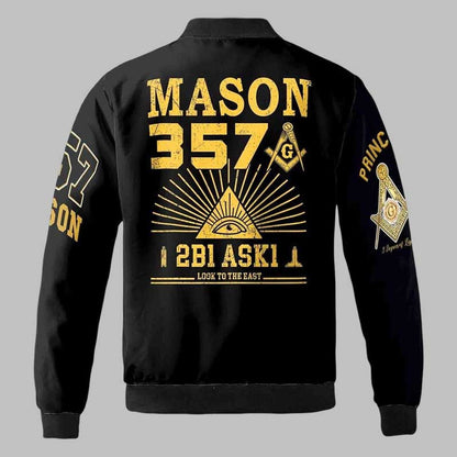 black and gold Freemason varsity bomber jacket