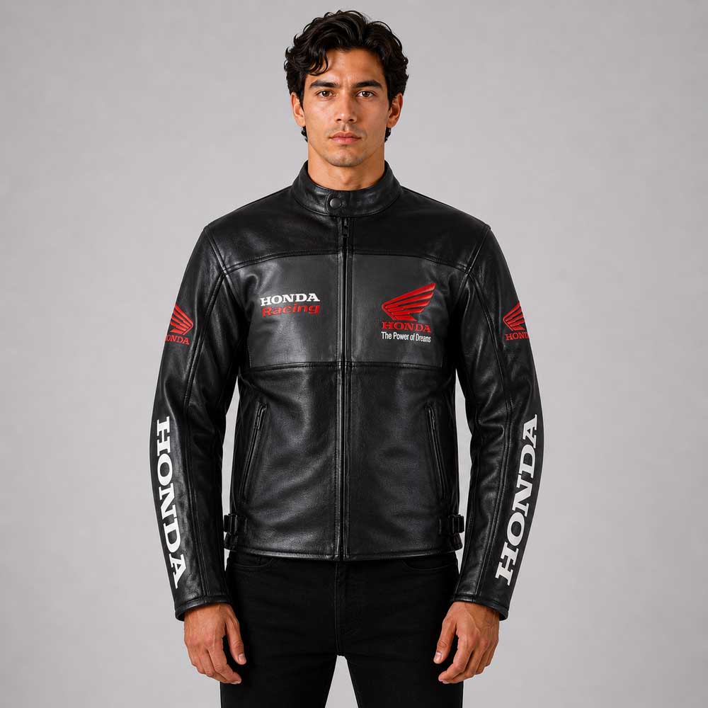 Black Honda Motorbike Real Cowhide Leather Jacket