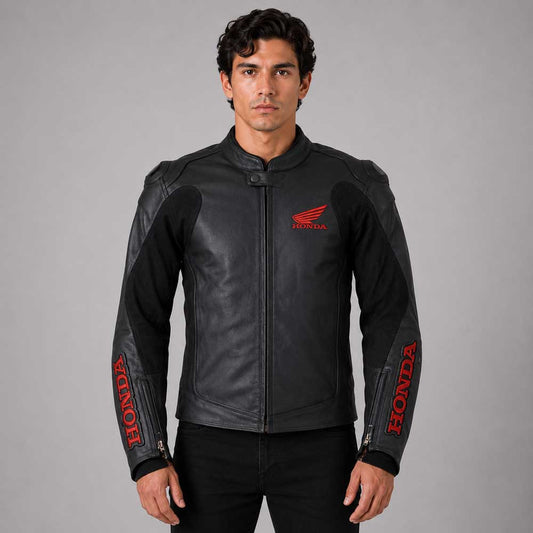 Black Honda Motorbike Style Leather Jacket - 3amoto shop