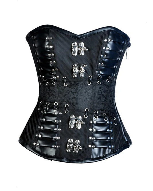 Black Brocade & Faux Leather Gothic Corset - 3amoto shop