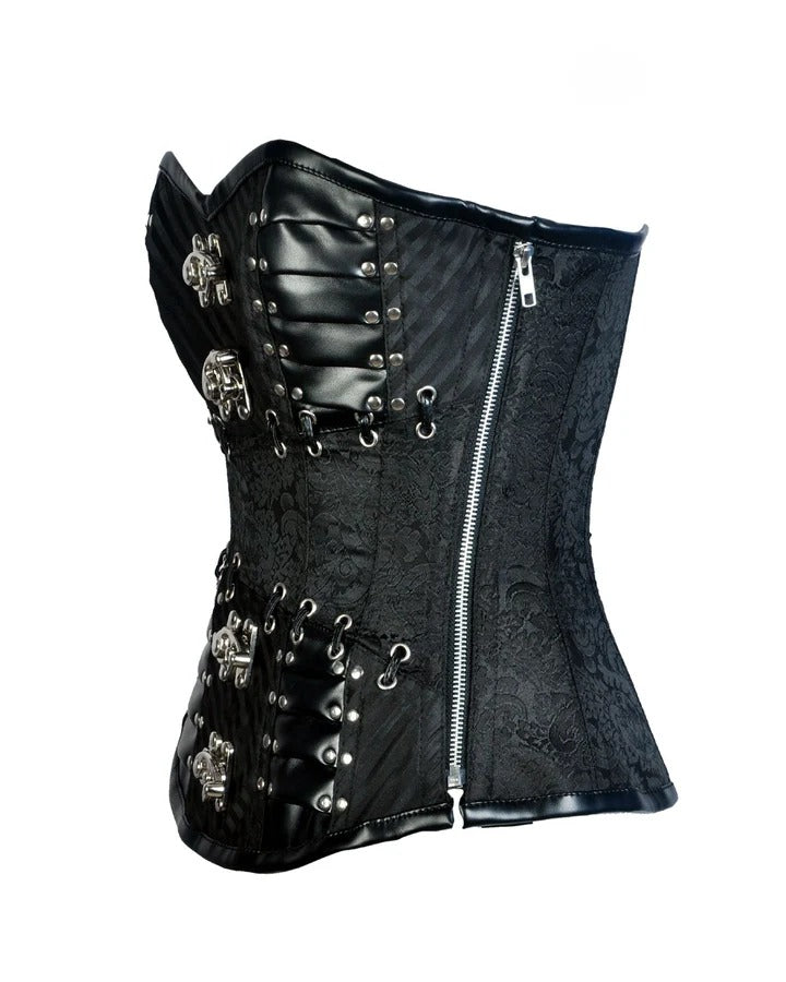 Black Brocade & Faux Leather Gothic Corset