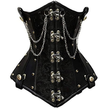 Black Brocade & Faux Leather Underbust Corset With Chain Details