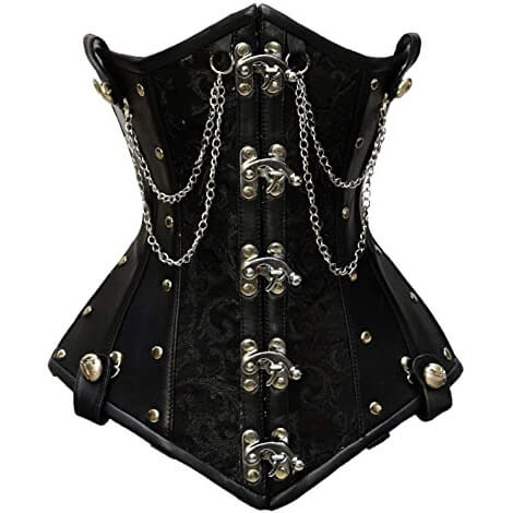 Black Brocade & Faux Leather Underbust Corset With Chain Details - 3amoto shop