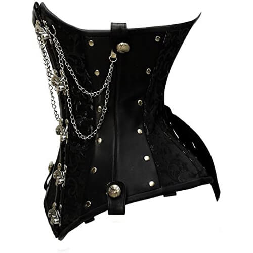 Black Brocade & Faux Leather Underbust Corset With Chain Details