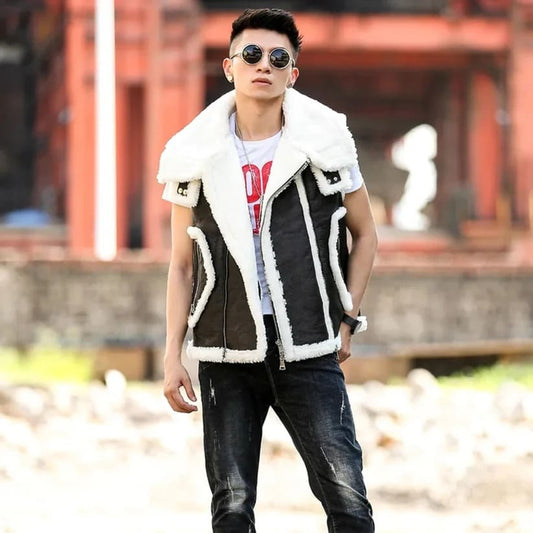 Black Shearling Leather Vest for Men - Fashion Leather Jackets USA - 3AMOTO