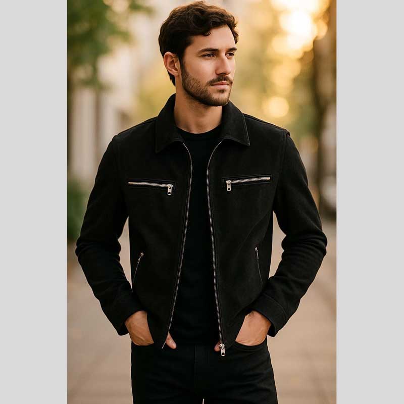 Black Sheepskin Suede Slim Fit Motorcycle Jacket