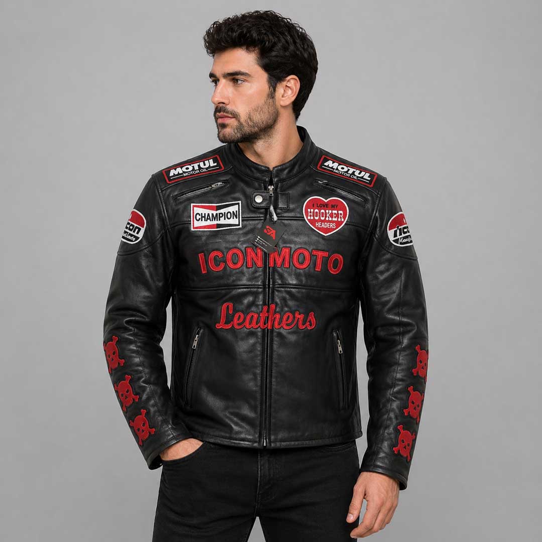 Black Icon Moto Leather Jacket With CE Armor Icon Daytona Jacket