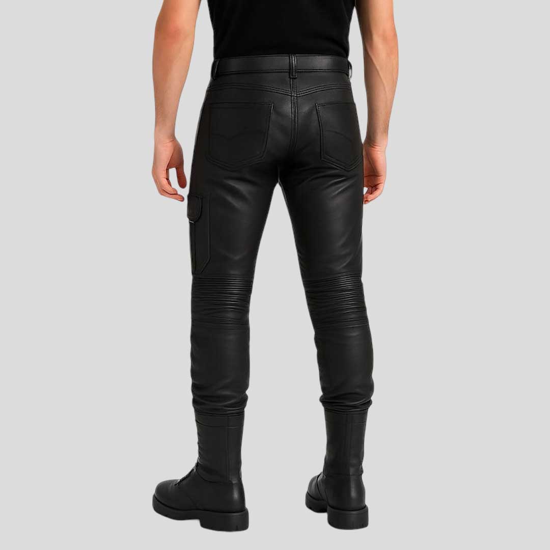 Men’s Faux Leather Biker Pants Slim Fit with Chain